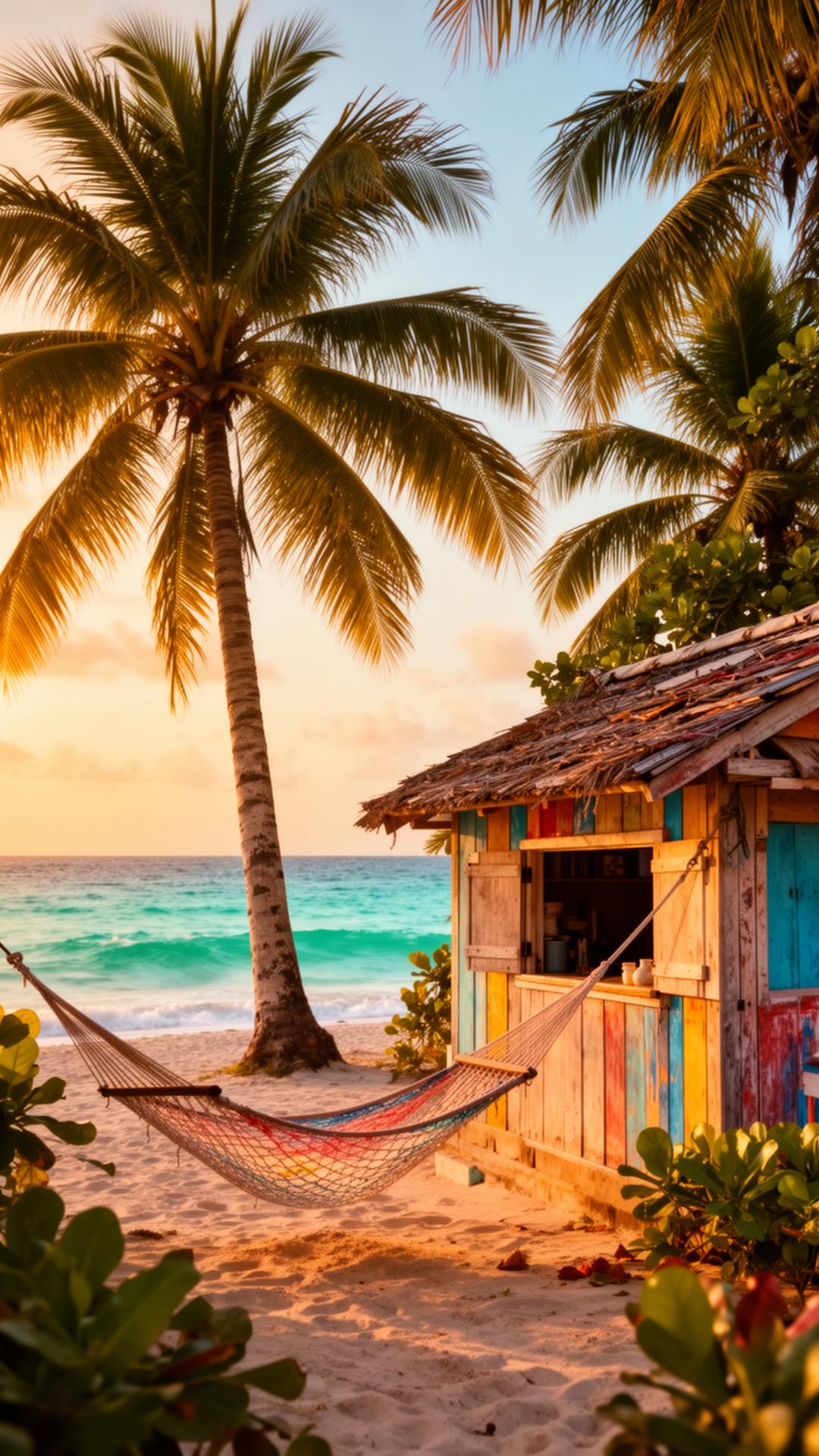 Bunte Strandbar mit Hängematte unter Palmen